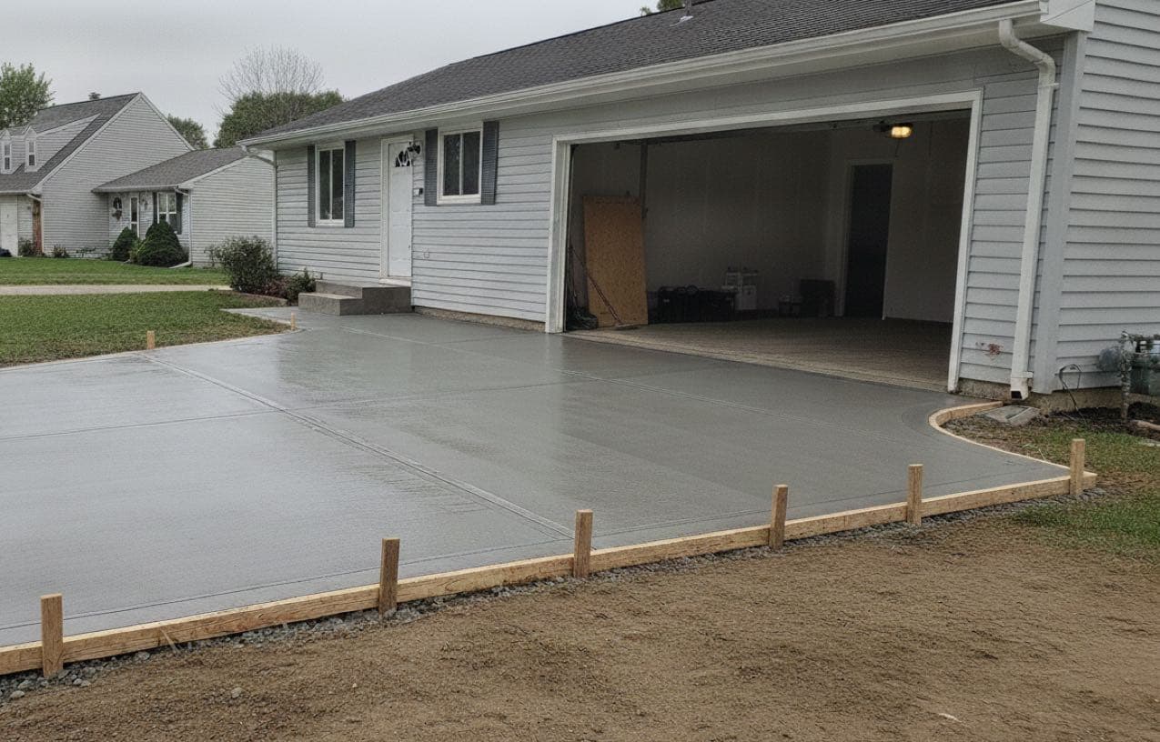 Freshly poured concrete driveway with form boards at a suburban home