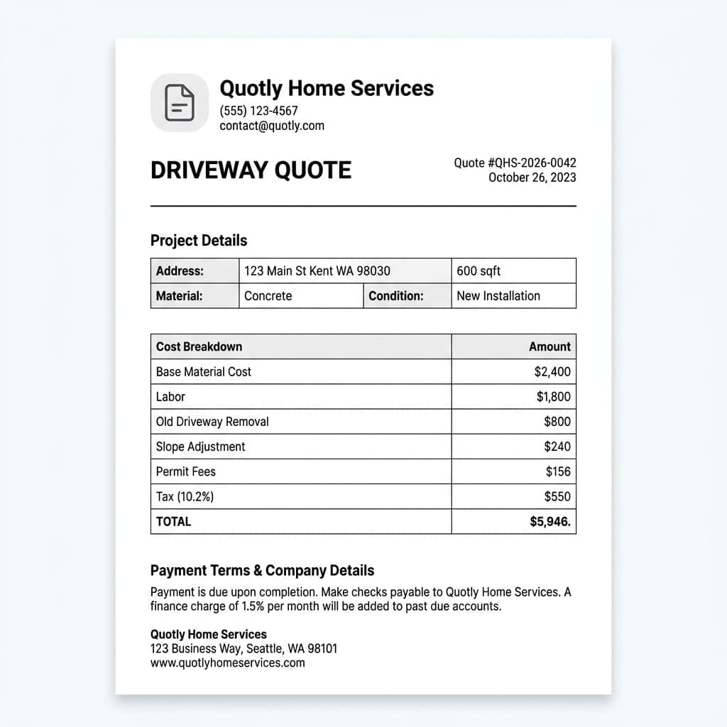 Professional PDF quote with company branding and itemized cost breakdown