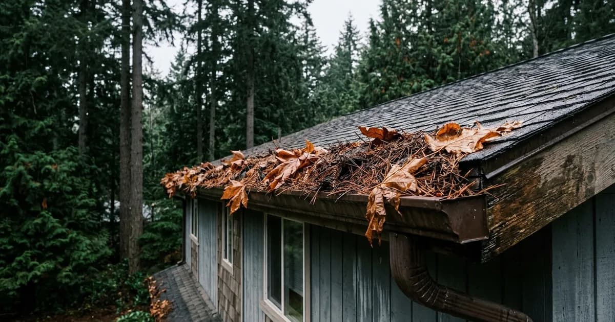 Rain gutter along the roofline of a Pacific Northwest home in Auburn, Washington packed with wet Douglas fir needles and bigleaf maple leaves, tall conifers behind under overcast skies