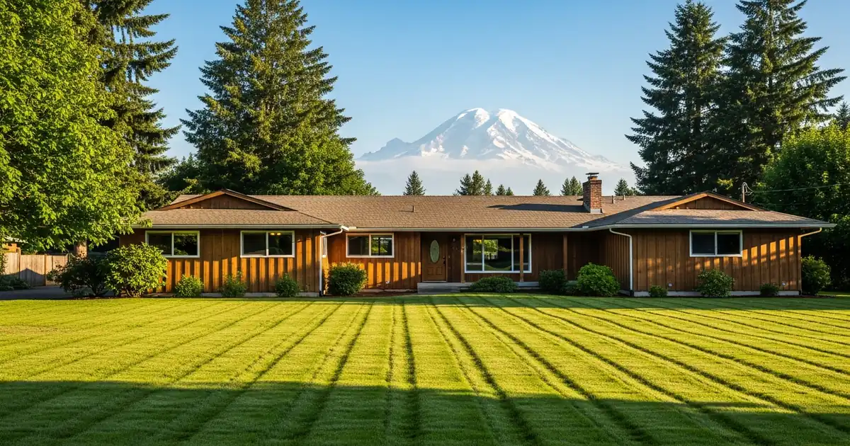 Freshly mowed lawn in front of a Pacific Northwest ranch-style home with Mount Rainier visible in the background in Auburn, WA