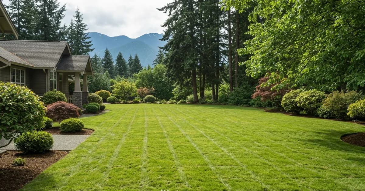 Freshly mowed front lawn of a Pacific Northwest craftsman-style home in Bellevue, WA with Douglas firs and a view toward the Cascades