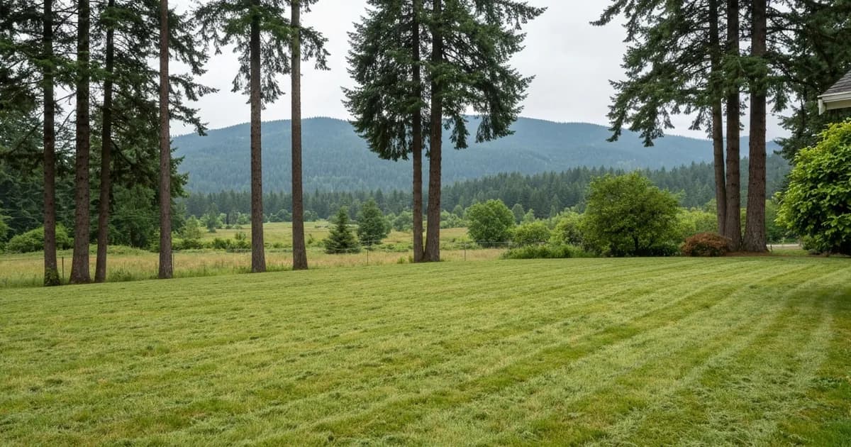 Freshly mowed lawn of a craftsman-style home in Black Diamond, WA with tall Douglas firs and the Cascade foothills behind