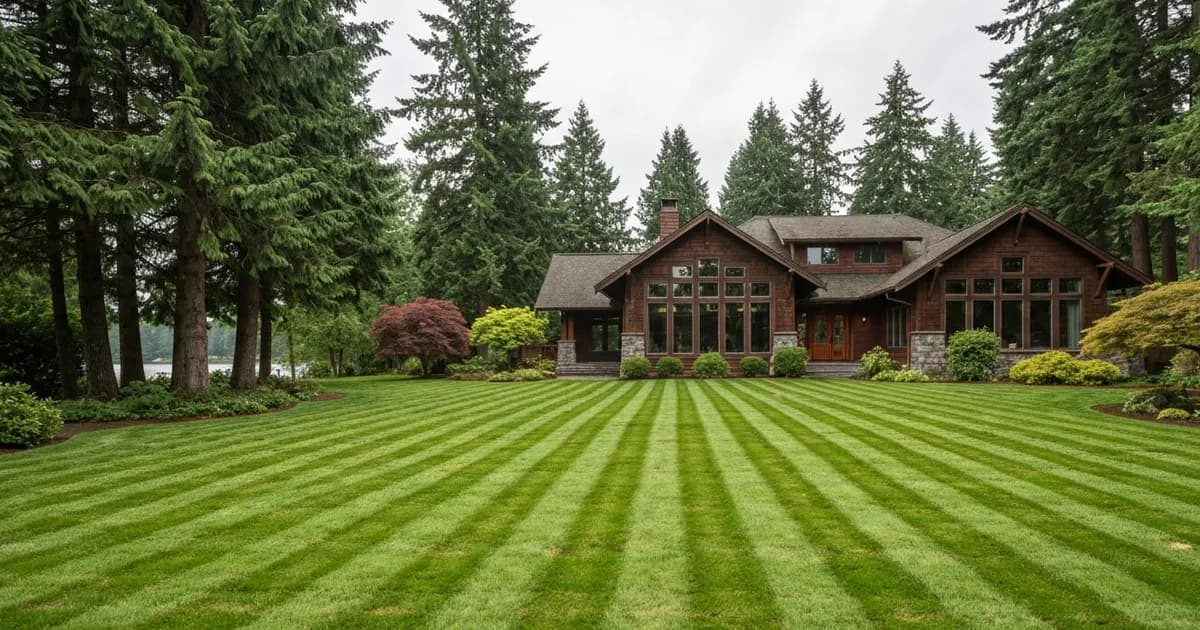 A freshly striped lawn in front of a Pacific Northwest craftsman-style home with Douglas fir trees near Lake Tapps in Bonney Lake, WA