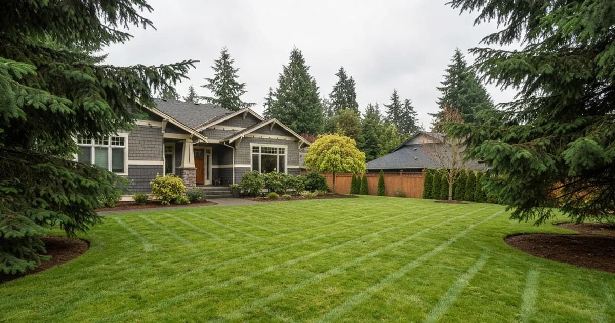 Freshly mowed front lawn of a Pacific Northwest craftsman-style home in Bothell, WA with Douglas firs and a striped cut