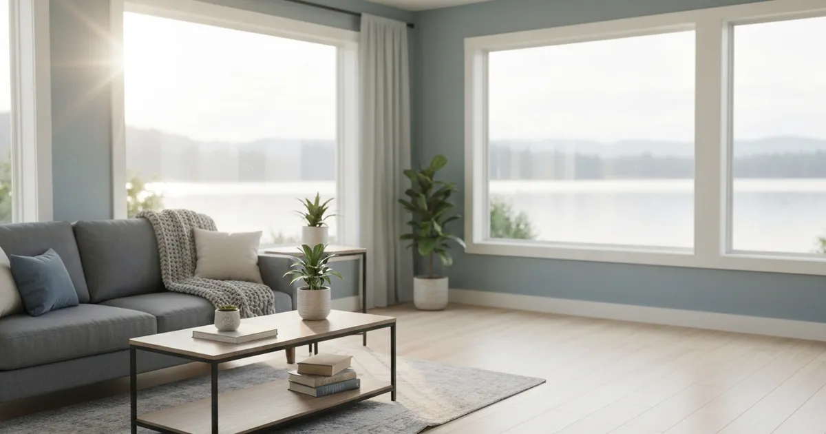 Bright, freshly cleaned open-plan living room and kitchen in a Pacific Northwest home near Puget Sound in Burien, WA, with sunlight through the windows and no clutter