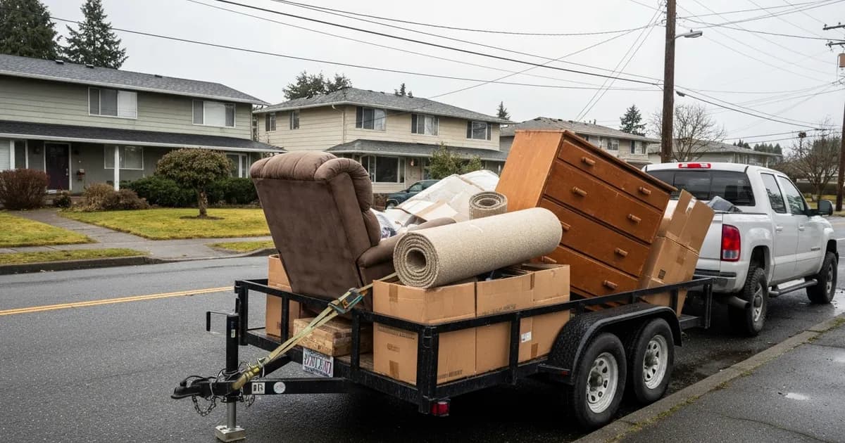 Utility trailer at the curb of a Burien, WA residential street piled with household junk — recliner, carpet rolls, boxes, and a dresser