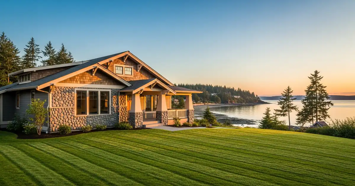 Freshly mowed striped lawn in front of a Pacific Northwest craftsman bungalow with Puget Sound visible in the distance in Burien, WA