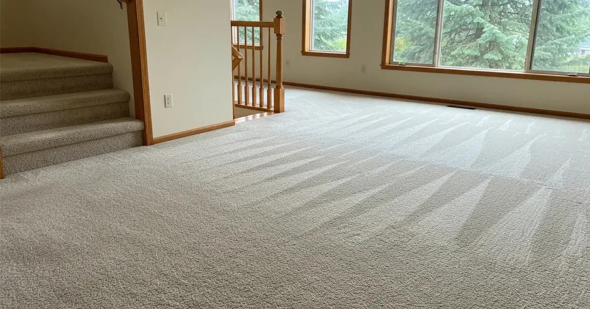 Freshly steam-cleaned wall-to-wall carpet with visible extraction lanes in the family room of a Pacific Northwest two-story home in Covington, Washington, with a carpeted staircase and Douglas firs through the window