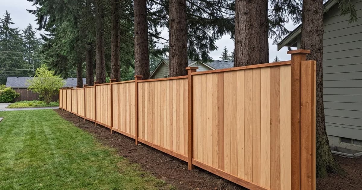 A newly installed 6-foot cedar privacy fence along the backyard of a Pacific Northwest home in Covington, Washington, with Douglas firs behind it