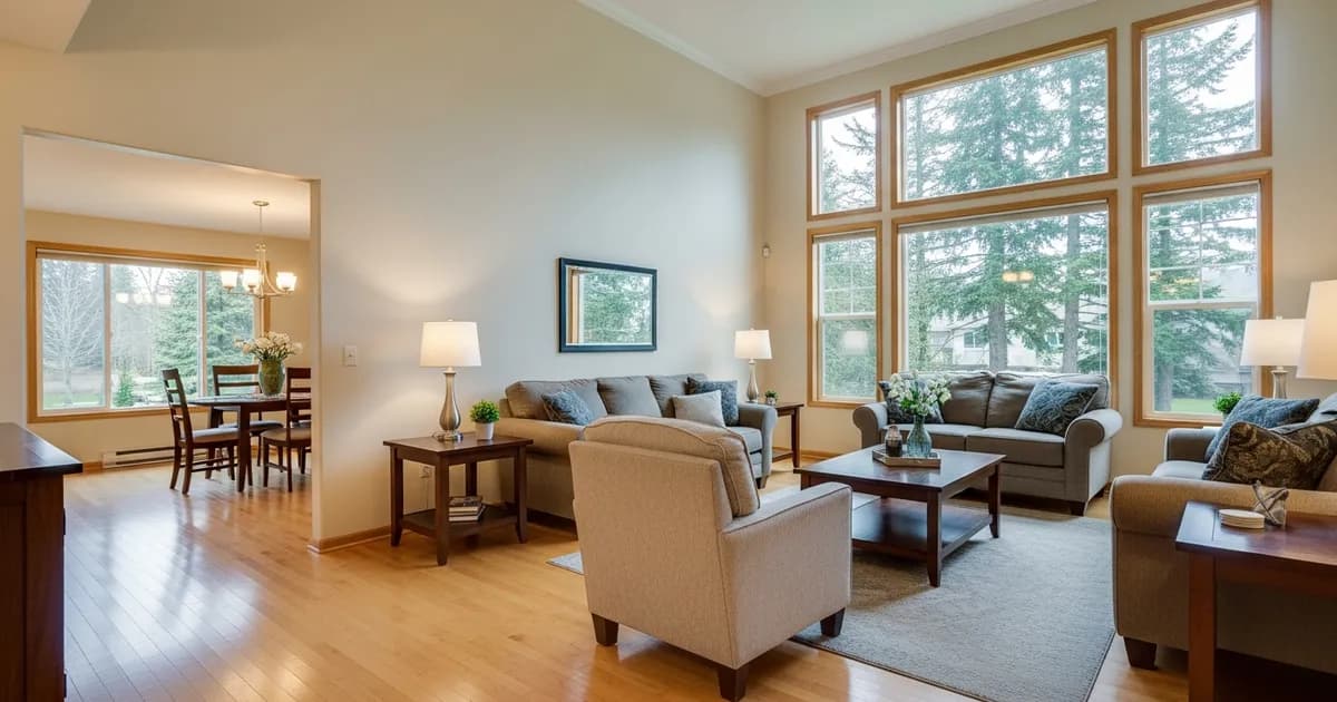 Bright, freshly cleaned open-plan kitchen and living room inside a Pacific Northwest craftsman home in Covington, WA, with Douglas firs visible through the windows