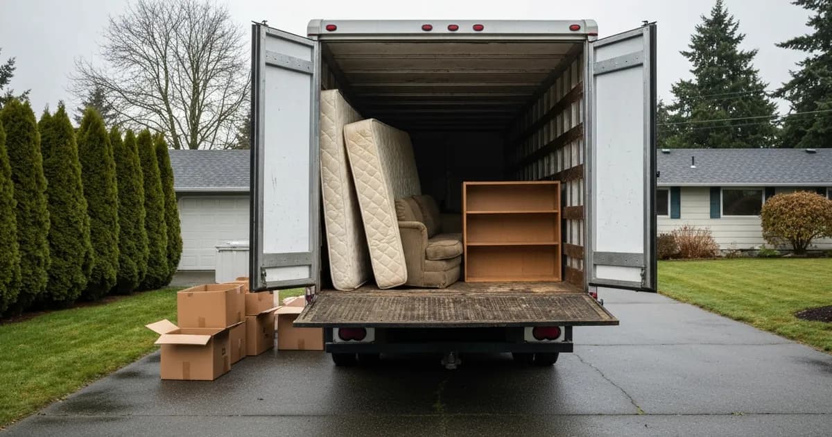 Open back of a junk hauling box truck in a Covington, WA driveway, loaded with a mattress, sofa, and a broken bookshelf, boxes waiting beside it