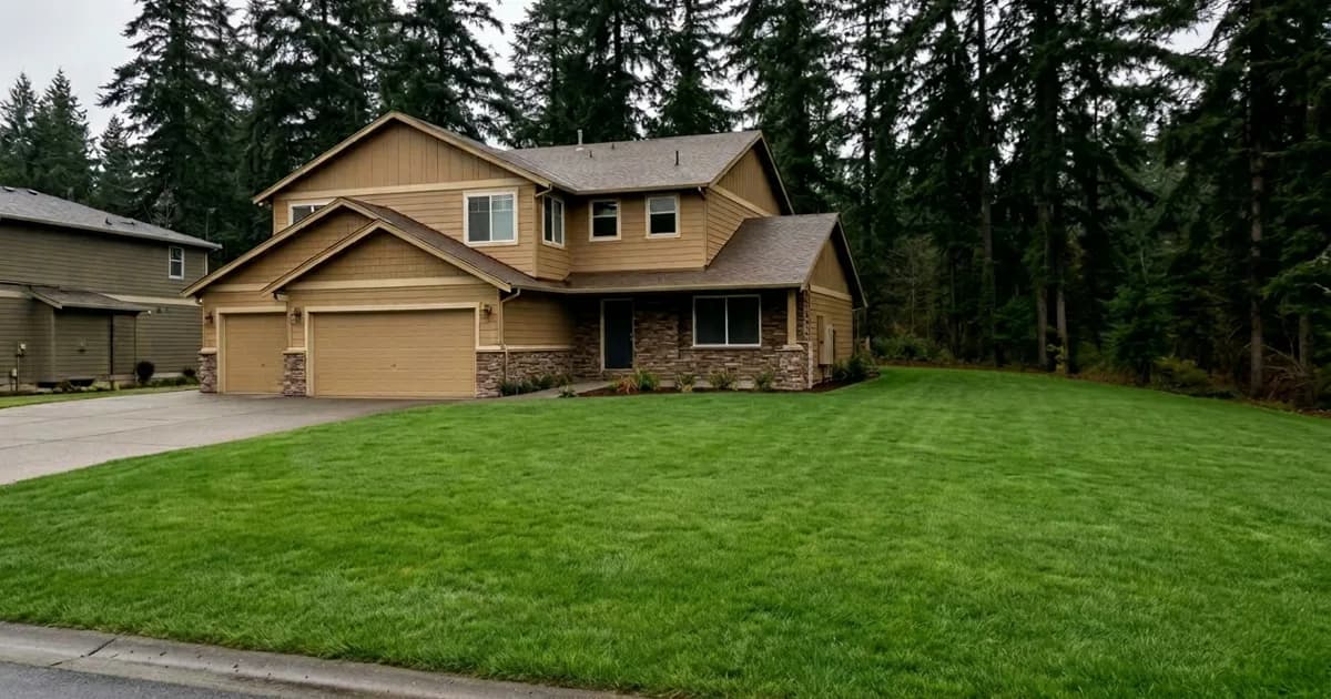 Pacific Northwest suburban home in Covington, WA with a freshly striped lawn and tall Douglas fir trees along the back property line