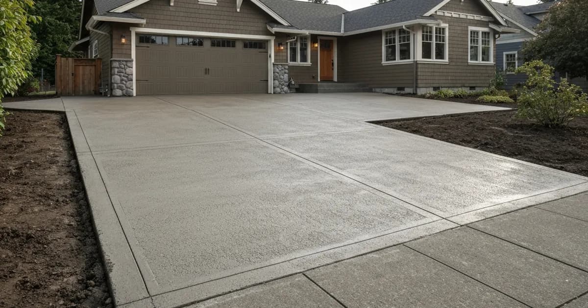 Freshly poured broom-finish concrete driveway at a Pacific Northwest craftsman home in Des Moines, Washington