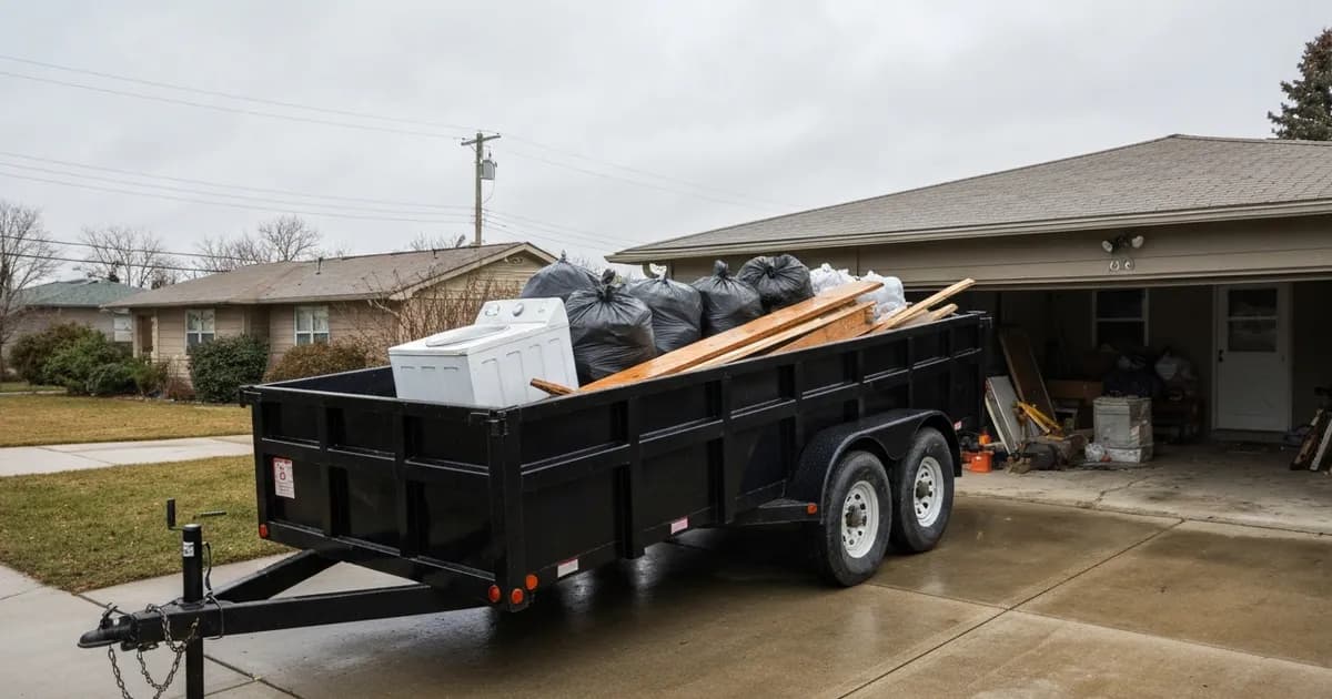 Dump trailer in a Des Moines, WA driveway loaded with an old washing machine, scrap lumber, and garbage bags, open garage behind