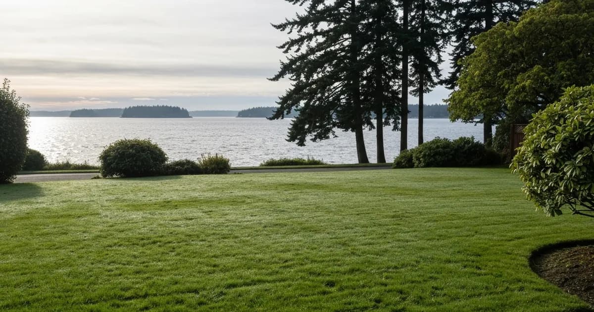 Freshly mowed front lawn of a Pacific Northwest home in Des Moines, WA with Puget Sound and Douglas firs in the background