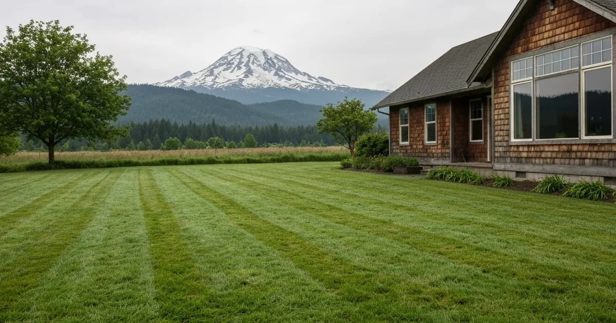 Freshly mowed front lawn of a Pacific Northwest farmhouse in Enumclaw, WA with Mount Rainier rising behind the foothills