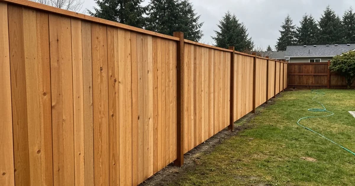 Newly installed 6-foot cedar privacy fence along a backyard lawn in Federal Way, WA on an overcast day