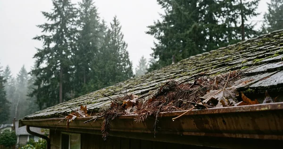Rain gutter along the roofline of a Pacific Northwest home in Federal Way, Washington packed with wet Douglas fir needles and bigleaf maple leaves, tall conifers behind under overcast skies