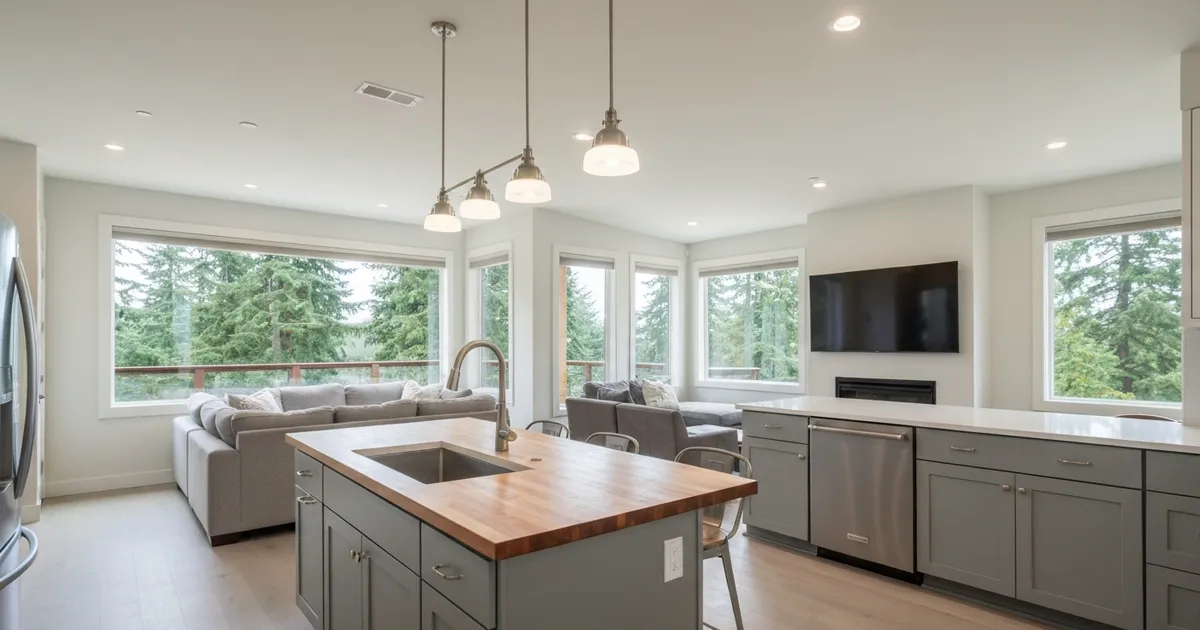 Bright, freshly cleaned open-plan living room and kitchen inside a Pacific Northwest home in Federal Way, WA, with Douglas firs visible through the windows