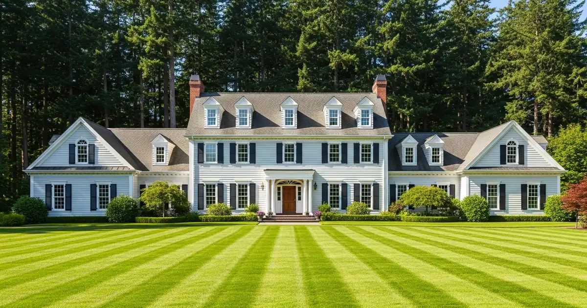 Freshly mowed striped green lawn in front of a large Pacific Northwest colonial-style home with Douglas fir trees in Federal Way, WA
