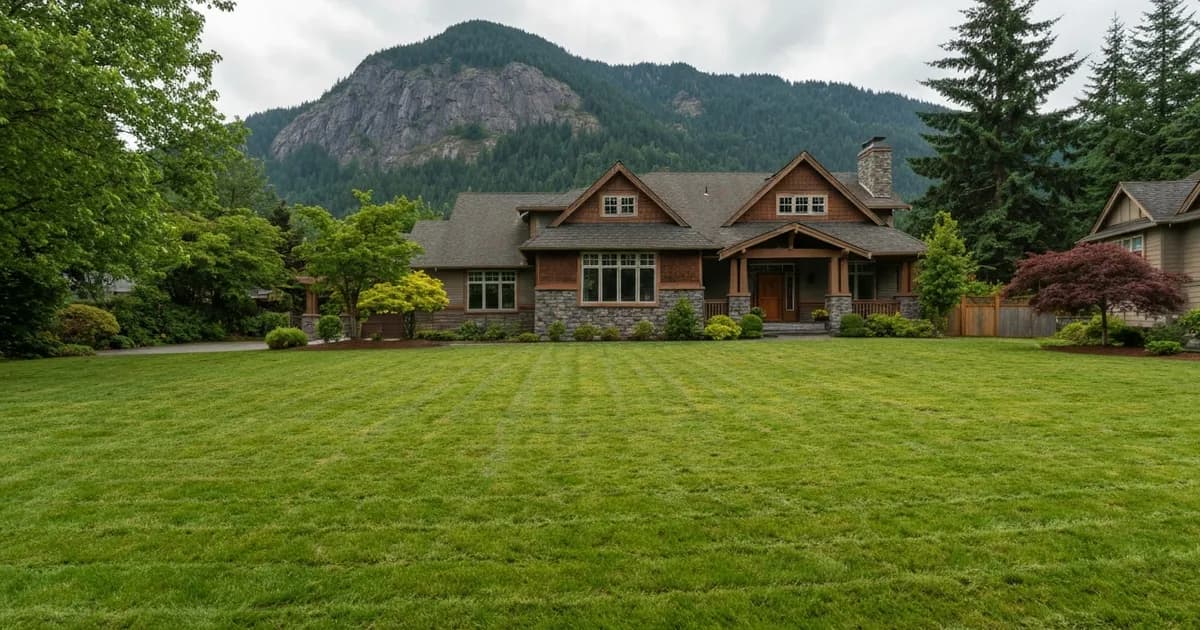 Freshly mowed lawn of a Pacific Northwest craftsman home in Issaquah, WA with Tiger Mountain and Douglas firs behind