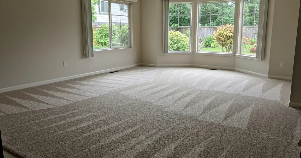 Freshly steam-cleaned living-room carpet with visible extraction lanes in a Kent, Washington home, backyard garden visible through the windows