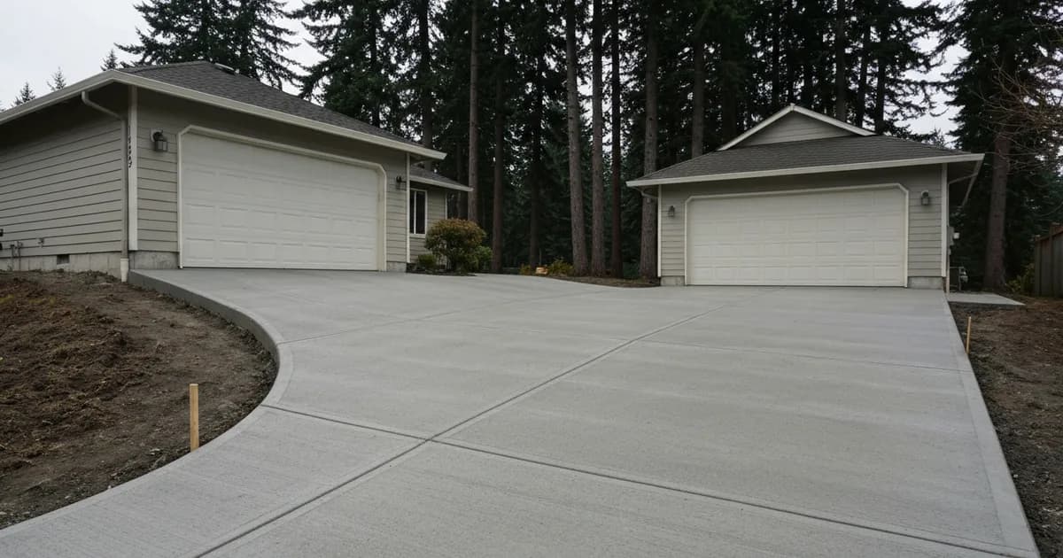 Newly poured broom-finish concrete driveway leading to the two-car garage of a Pacific Northwest home in Kent, Washington, with Douglas fir trees behind
