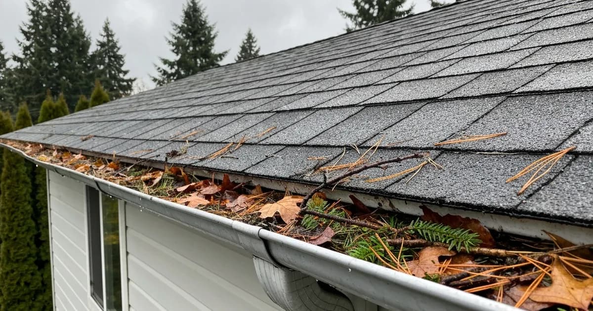 Gutter on a Pacific Northwest home in Kent, WA packed with wet fir needles and bigleaf maple leaves under overcast skies