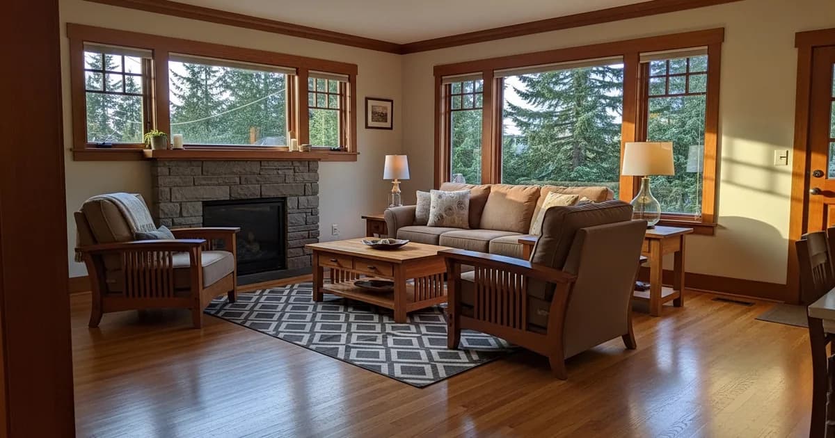 Bright, freshly cleaned living room in a Kent, Washington craftsman home with Pacific Northwest daylight