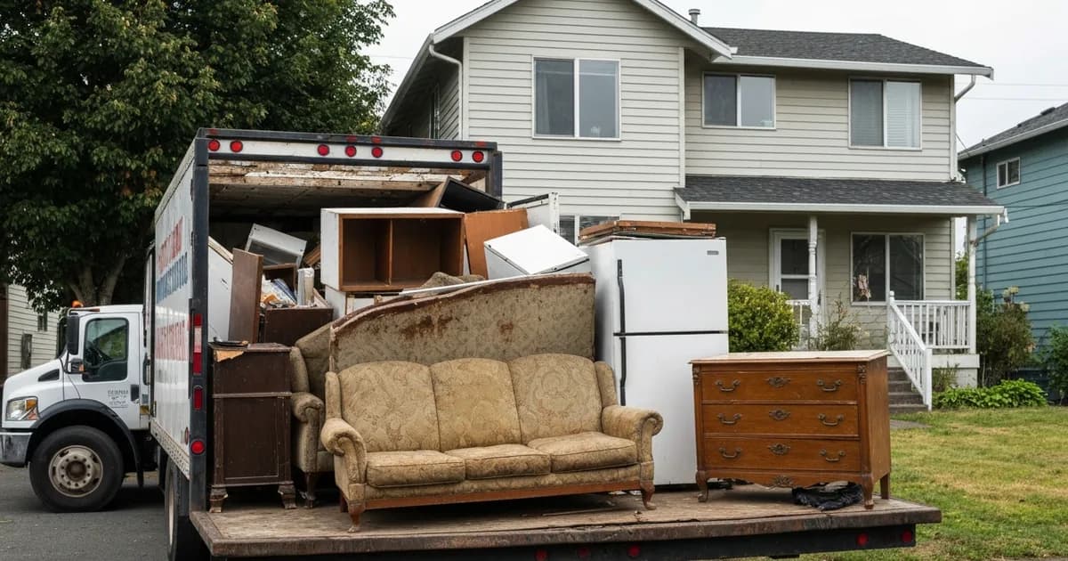 A junk removal truck loading old furniture and appliances outside a Kent, WA home on East Hill