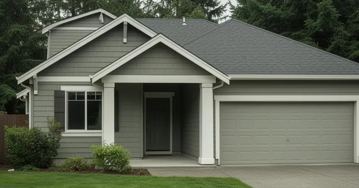 Freshly mowed lawn in front of a Pacific Northwest craftsman-style home with cedar siding and Douglas fir trees in Kent, WA