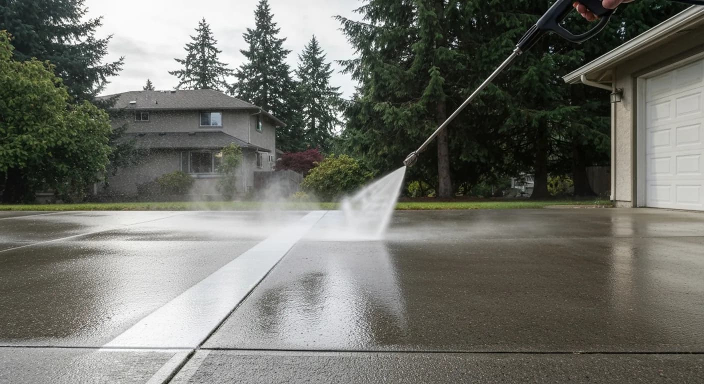 Pacific Northwest home in Kent, WA with freshly soft-washed vinyl siding and a clean concrete driveway, Douglas fir trees behind, golden-hour lighting
