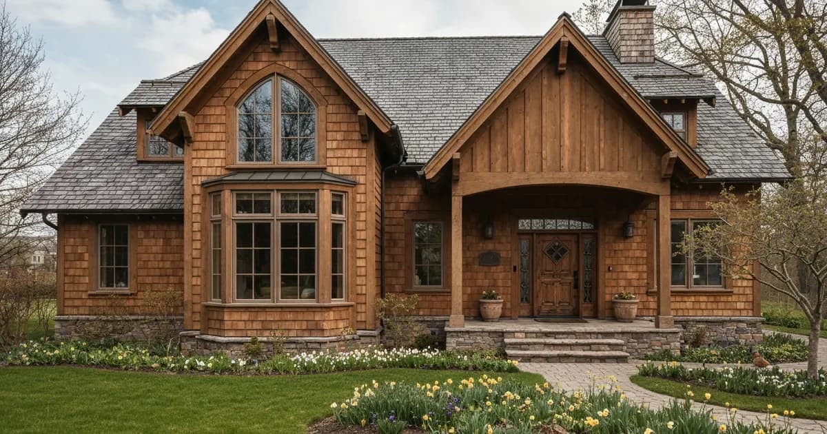 Cedar-shingled craftsman-style home in Kent, WA with clean, streak-free bay and gable windows and spring planting beds along the front walk