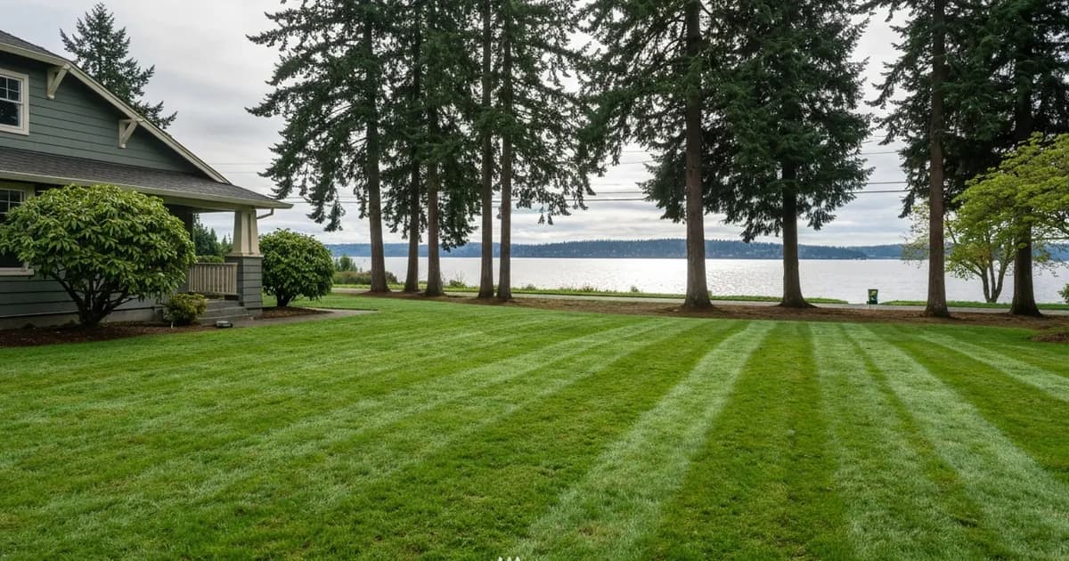 Freshly mowed front lawn of a Pacific Northwest craftsman home in Kirkland, WA with Douglas firs and a view toward Lake Washington