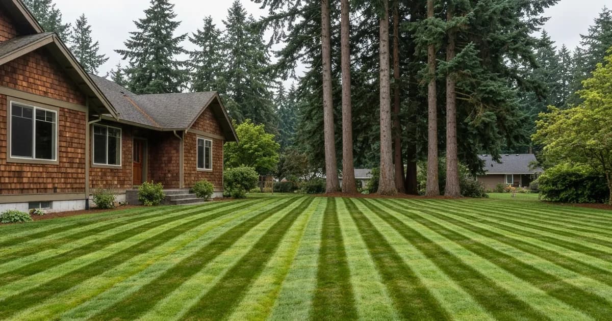 Freshly mowed and striped lawn in front of a Pacific Northwest craftsman-style home with tall Douglas fir trees behind it in Maple Valley, WA
