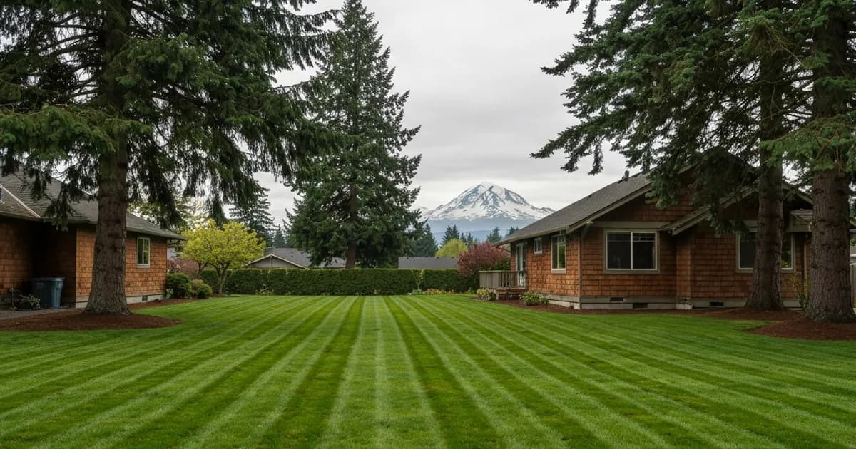 A freshly striped lawn in front of a Pacific Northwest craftsman-style home with Douglas fir trees and Mount Rainier in the distance in Puyallup, WA