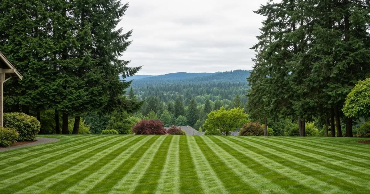 Freshly mowed, striped front lawn of a Pacific Northwest craftsman-style home in Redmond, WA with Douglas firs and the Sammamish Valley behind