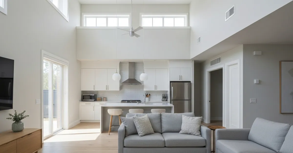 Bright, freshly cleaned open-plan living room and kitchen inside a Pacific Northwest home in Renton, WA, with hardwood floors and a view of Douglas firs through the window
