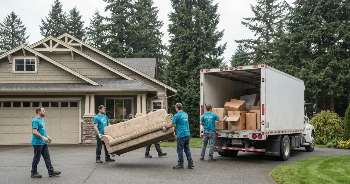 Junk removal crew loading old furniture and appliances into a hauling truck outside a Pacific Northwest craftsman home in Renton, WA