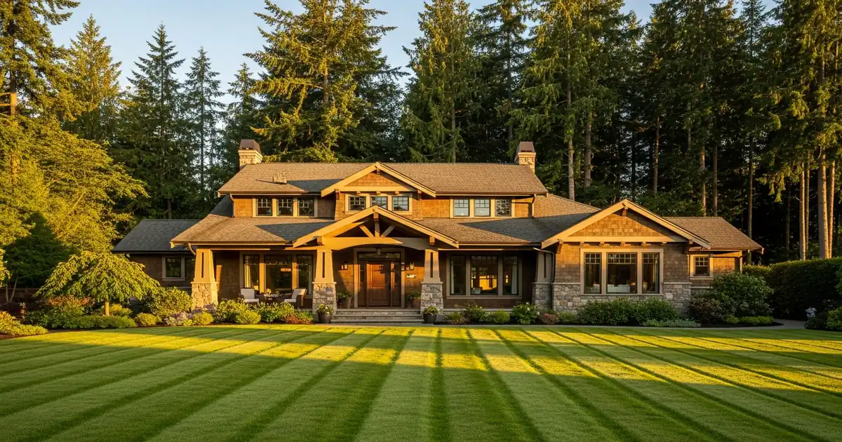 Freshly mowed striped lawn in front of a Pacific Northwest craftsman-style home with Douglas fir trees in Renton, WA