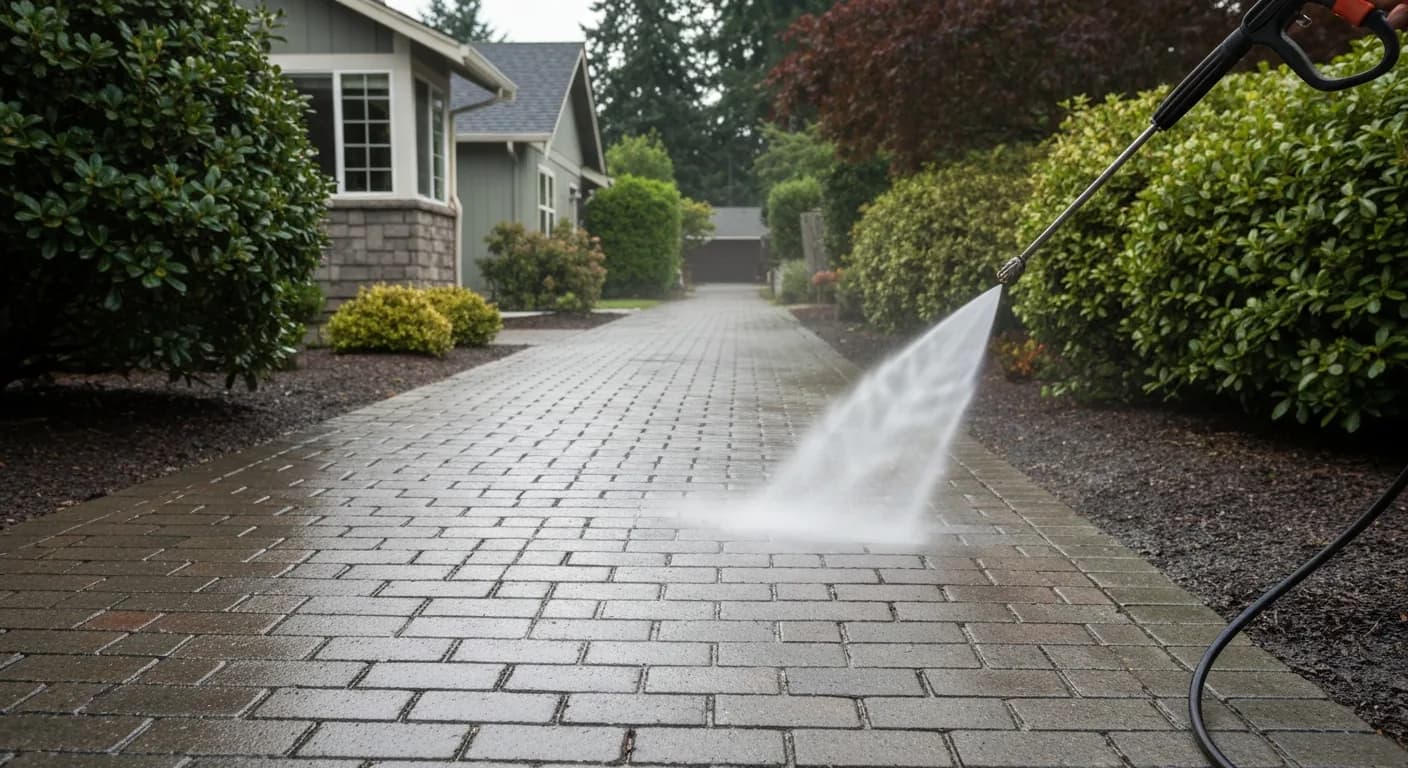 A Pacific Northwest home in Renton, WA with freshly soft-washed vinyl siding and a clean concrete driveway, Douglas firs behind it in golden-hour light