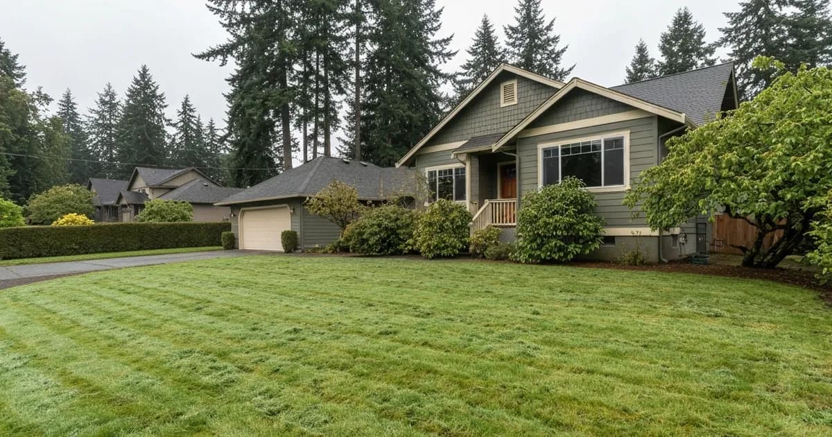 Freshly mowed front lawn of a Pacific Northwest craftsman-style home on the Sammamish Plateau in Sammamish, WA with tall Douglas firs behind
