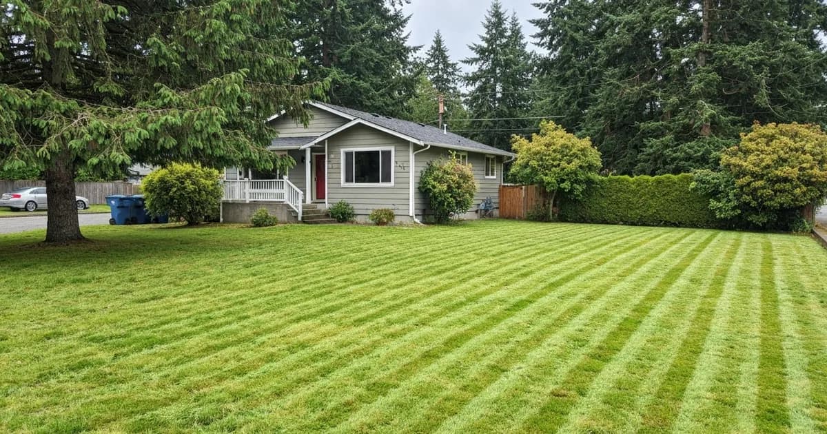 Freshly mowed front lawn of a Pacific Northwest rambler-style home in SeaTac, WA with Douglas firs and a striped cut