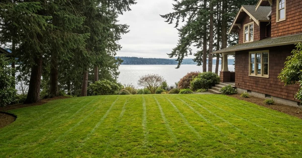 Freshly mowed front lawn of a Craftsman-style home in Seattle, WA with Douglas firs and a view toward Puget Sound