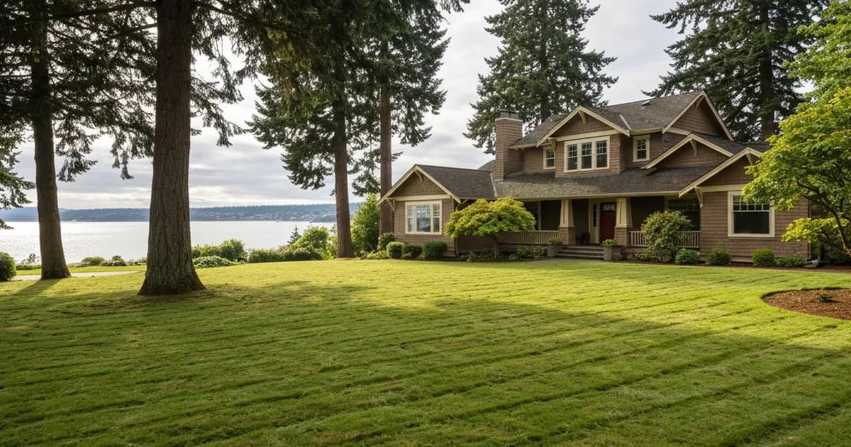 Freshly mowed front lawn of a Pacific Northwest craftsman-style home in Tacoma, WA with tall Douglas firs and a glimpse of Commencement Bay behind