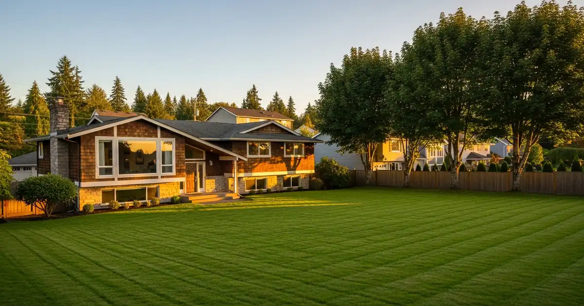 Neatly mowed green lawn in front of a Pacific Northwest split-level home with mature maple trees in Tukwila, WA