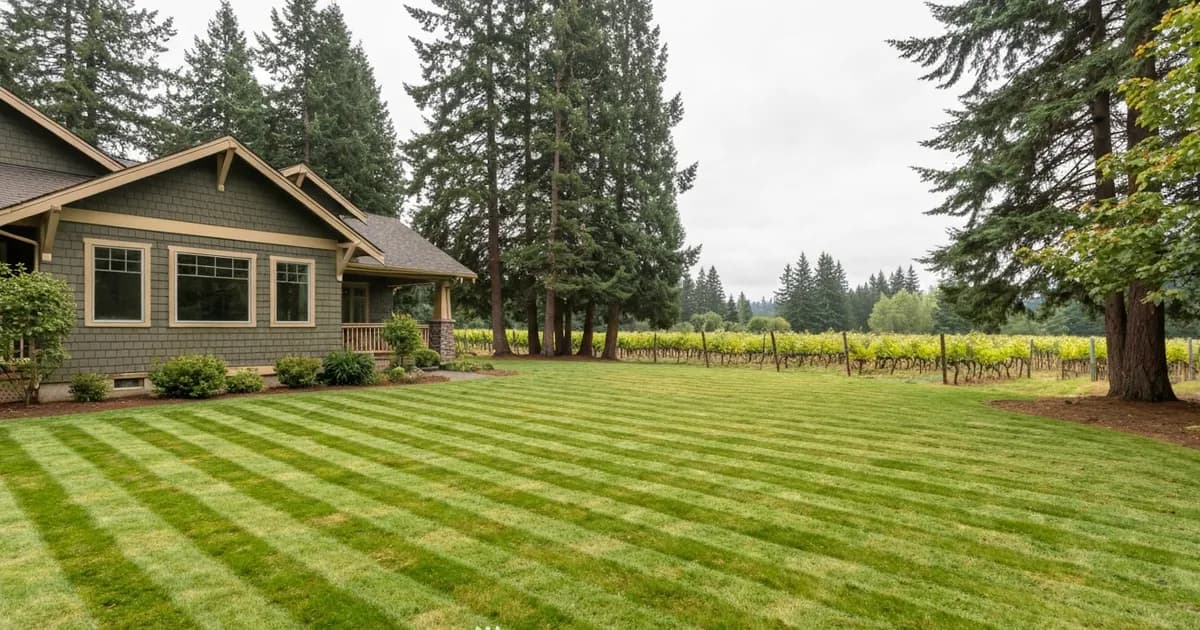 Freshly mowed striped lawn of a Pacific Northwest craftsman-style home in Woodinville, WA with Douglas firs and a vineyard backdrop