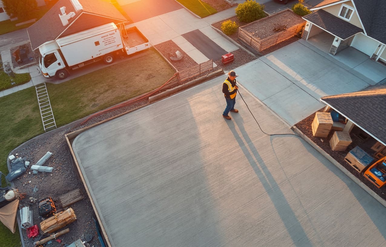 Fresh concrete driveway being poured