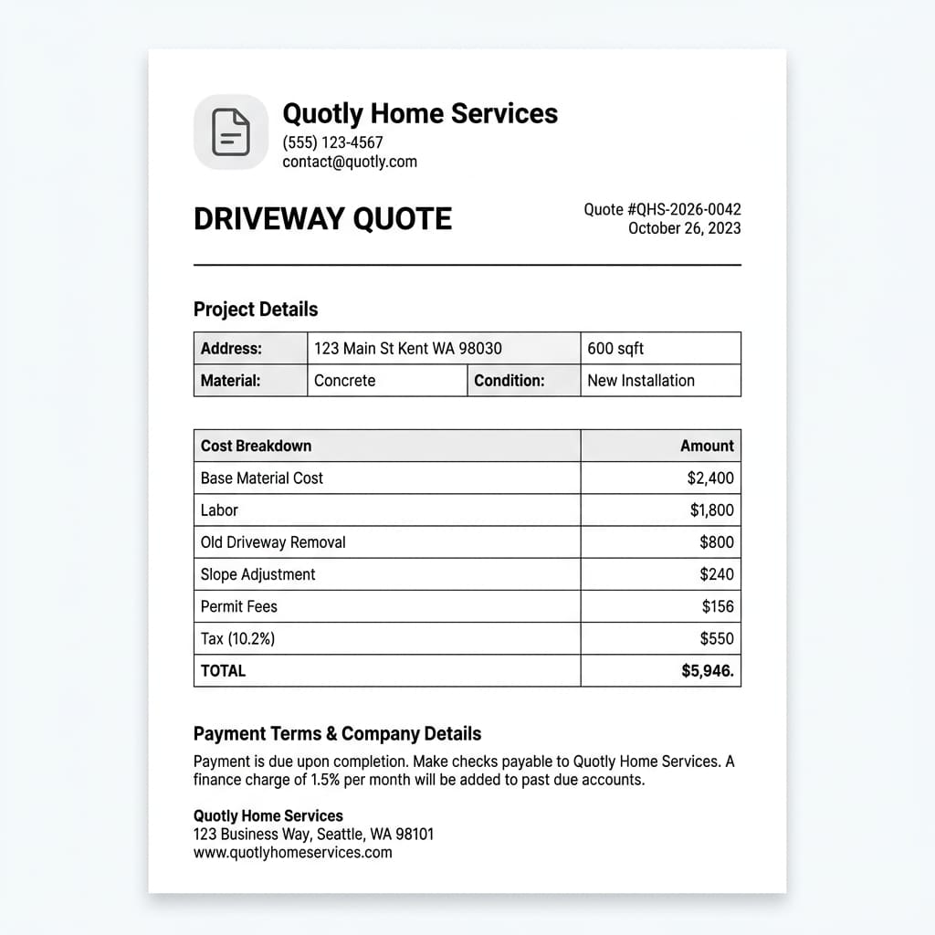 Professional PDF quote with company branding and itemized cost breakdown