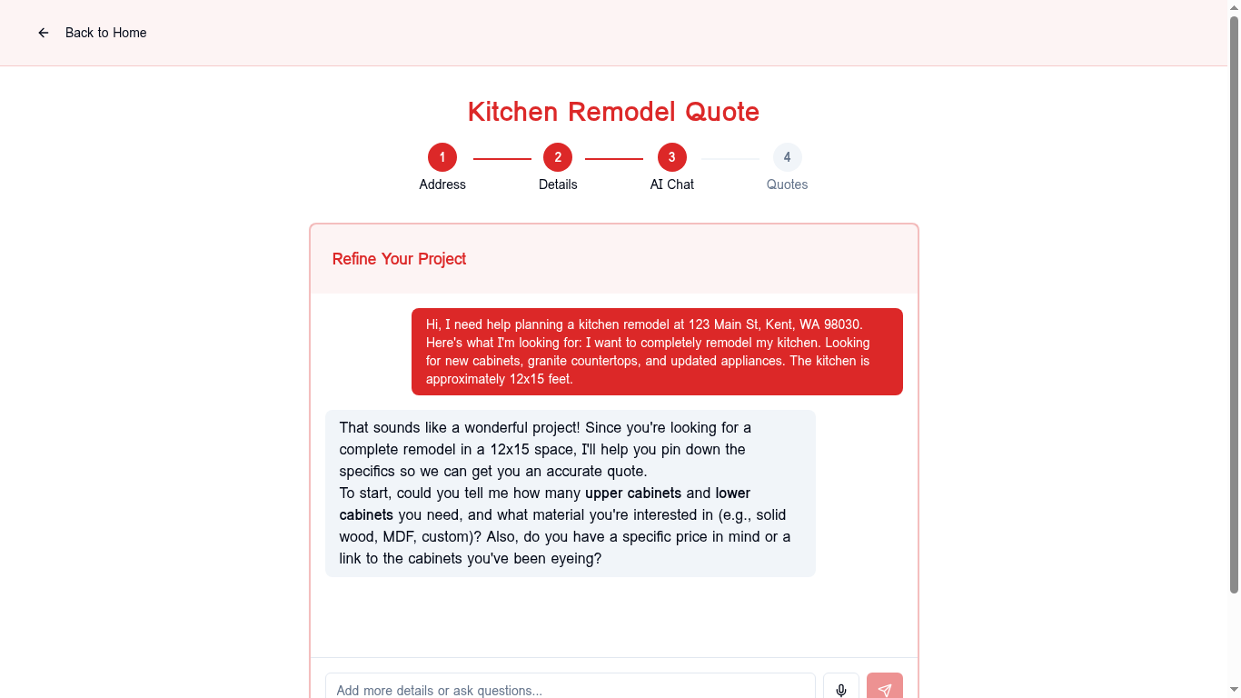 AI chat interface where the agent asks clarifying questions about cabinets and materials for the kitchen remodel